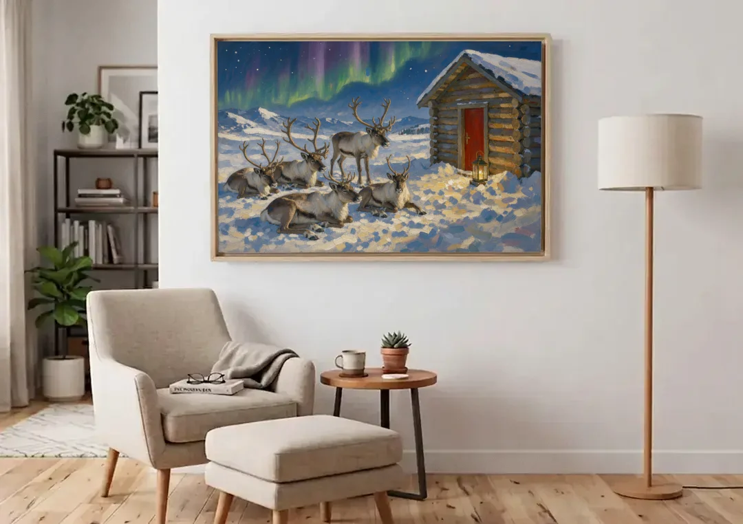 North Pole Wall Art of Resting Reindeer canvas wall art above an armchair in a bright living room