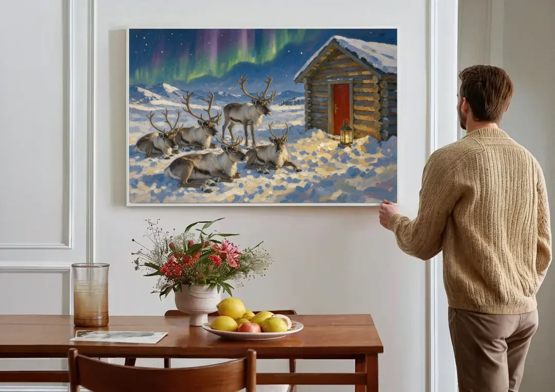 North Pole Wall Art of Resting Reindeer canvas wall art above a dining table