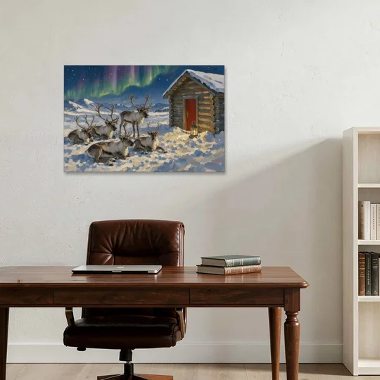 North Pole Wall Art of Resting Reindeer - Canvas Wall Art - Office - 36x24