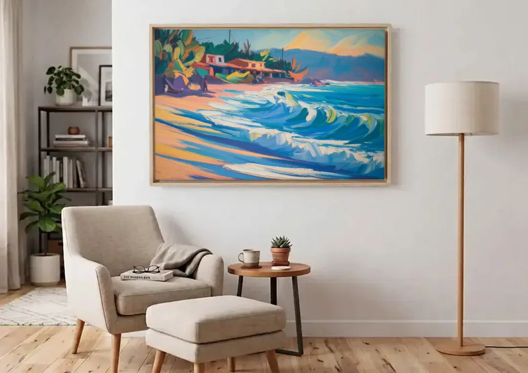North Sayulita Shore canvas wall art above an armchair in a bright living room