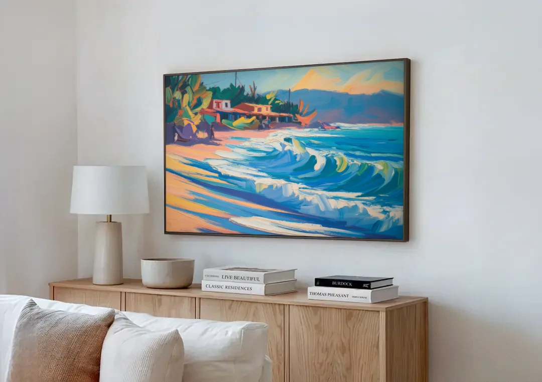 North Sayulita Shore canvas wall art above a wooden sideboard next to a sofa