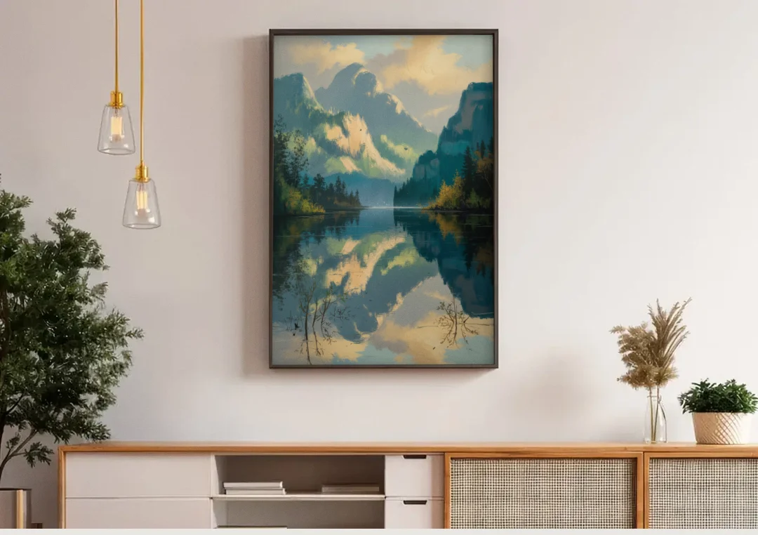 North Shore Mountains canvas wall art above a wooden sideboard under pendant lights