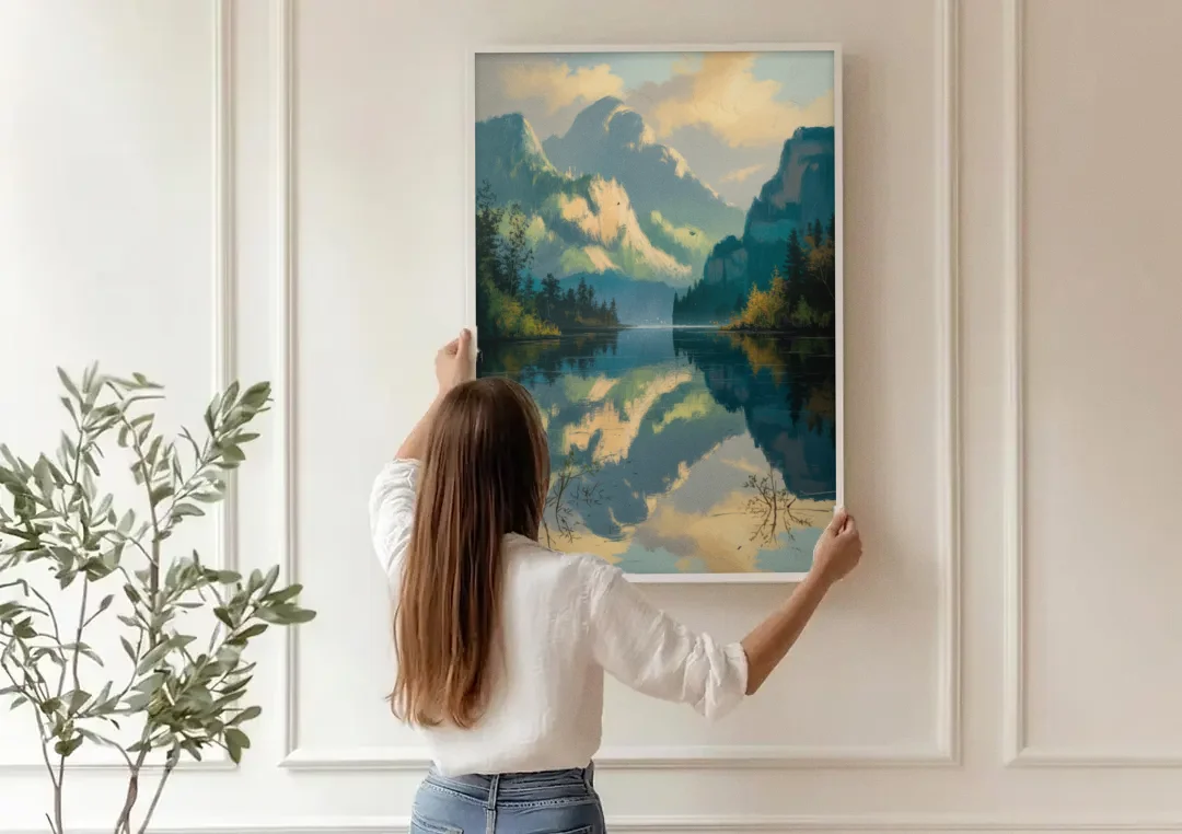 North Shore Mountains canvas wall art being hung on a paneled wall