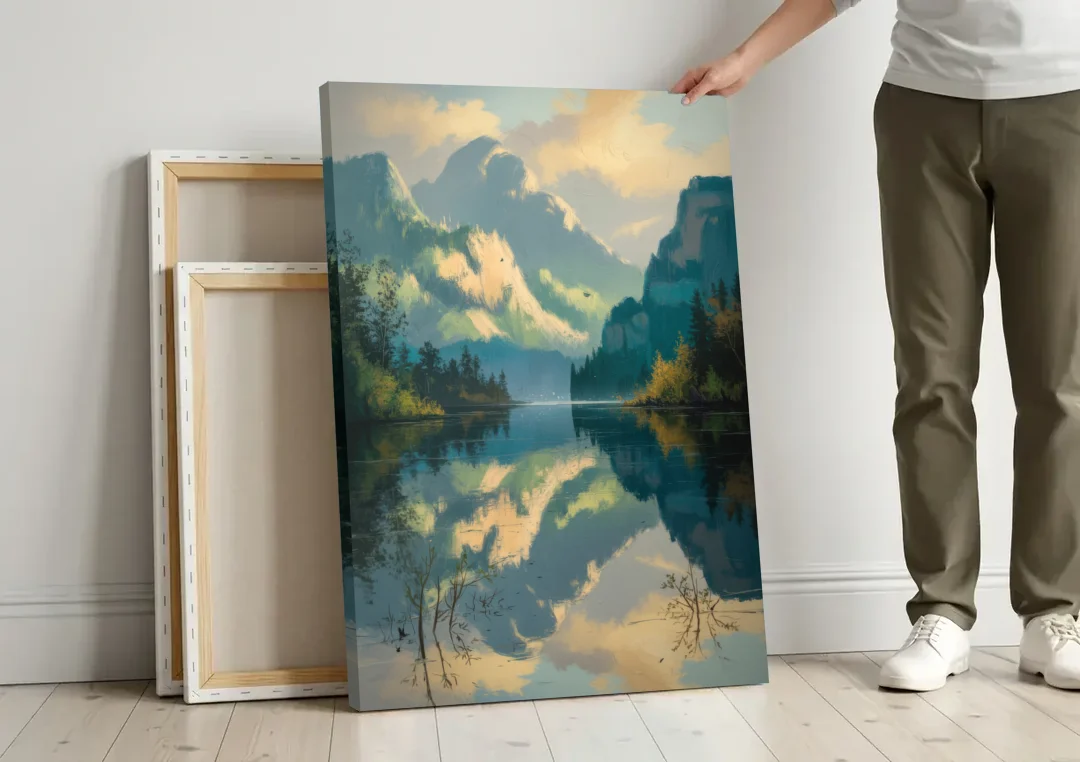 North Shore Mountains canvas wall art leaning against a wall next to blank canvases