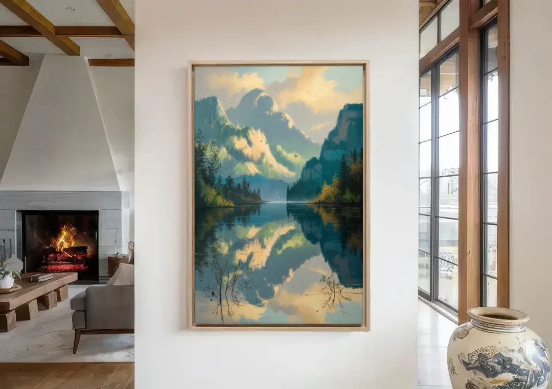 North Shore Mountains canvas wall art in a living room with a fireplace