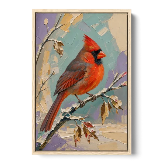 Northern Cardinal on a Snowy Branch - Oak Framed Canvas Wall Art - Front
