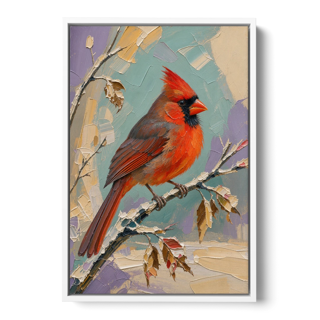 Northern Cardinal on a Snowy Branch - White Framed Canvas Wall Art - Front