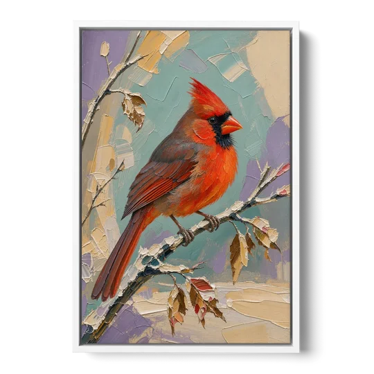 Northern Cardinal on a Snowy Branch - White Framed Canvas Wall Art - Front