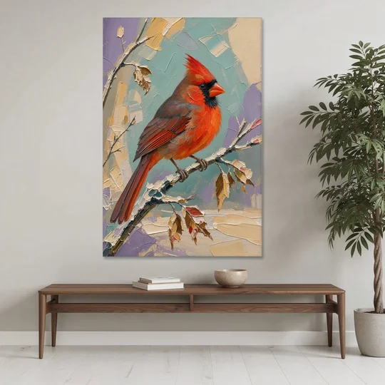 Northern Cardinal on a Snowy Branch - Canvas Wall Art - Coffee Table - 40x60
