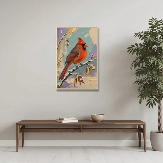 Northern Cardinal on a Snowy Branch - Oak Framed Canvas Wall Art - Coffee Table - 24x36