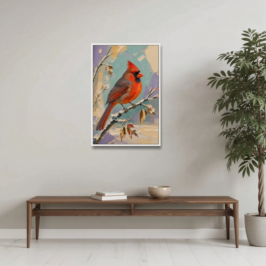 Northern Cardinal on a Snowy Branch - White Framed Canvas Wall Art - Coffee Table - 24x36