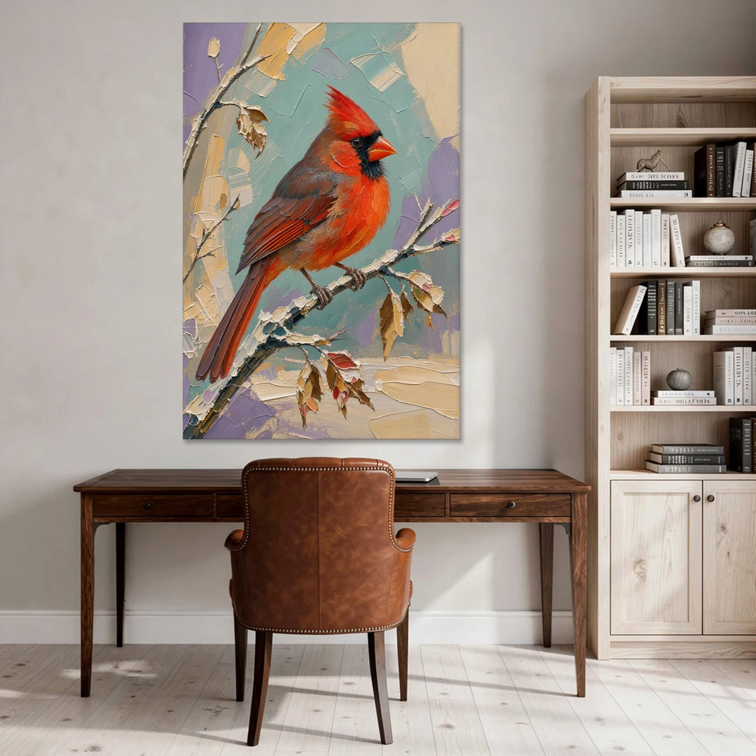 Northern Cardinal on a Snowy Branch - Canvas Wall Art - Office - 40x60