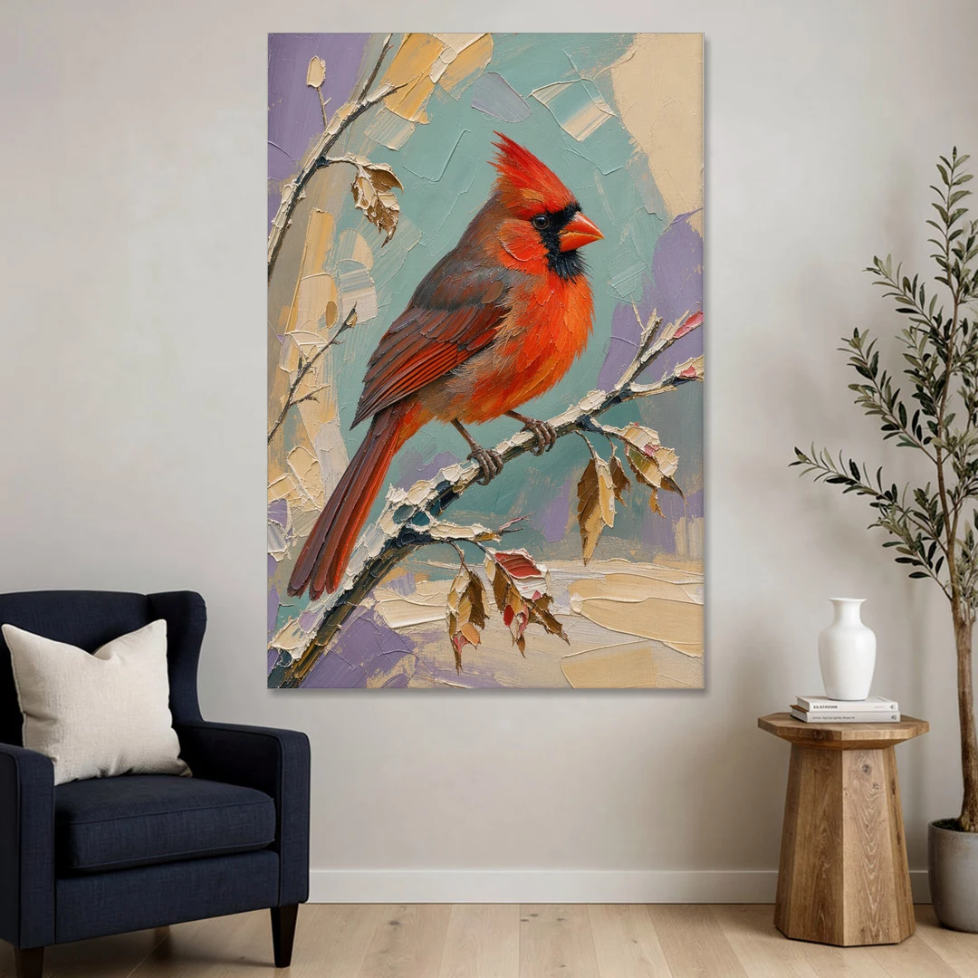 Northern Cardinal on a Snowy Branch - Canvas Wall Art - Sofa - 40x60