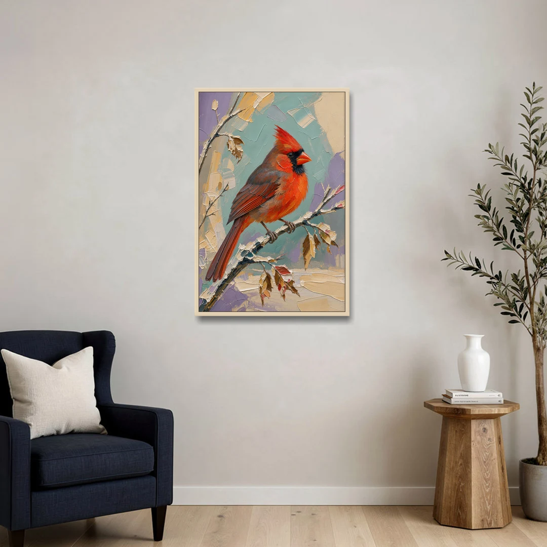 Northern Cardinal on a Snowy Branch - Oak Framed Canvas Wall Art - Sofa - 24x36
