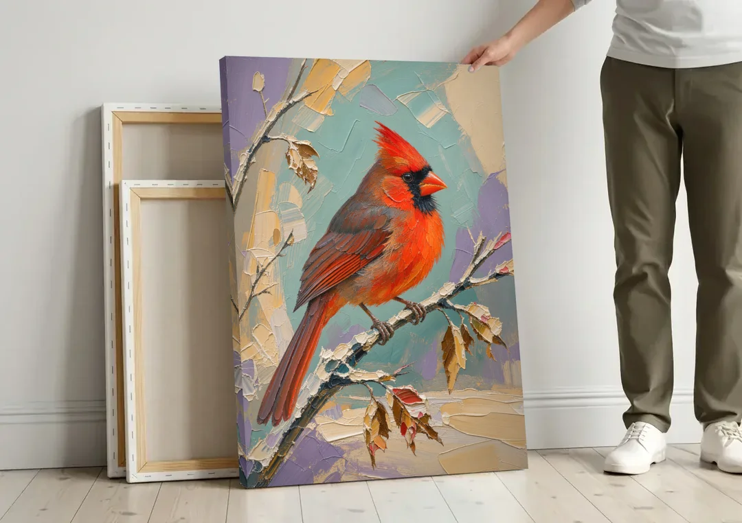 Northern Cardinal on a Snowy Branch canvas wall art leaning against a wall next to blank canvases