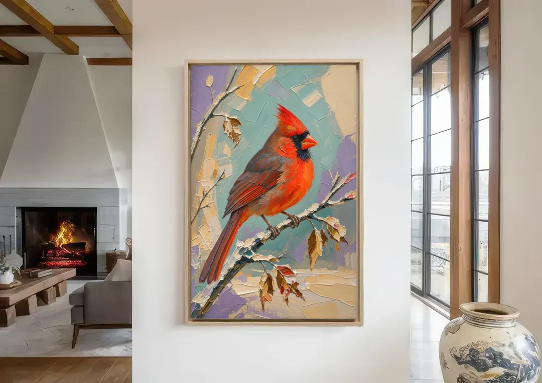 Northern Cardinal on a Snowy Branch canvas wall art in a living room with a fireplace