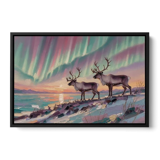 Northern Lights Reindeer on the Ridge for the Living Room - Black Framed Canvas Wall Art - Front