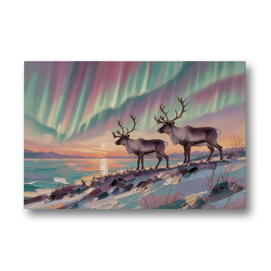 Northern Lights Reindeer on the Ridge for the Living Room - Canvas Wall Art - Front