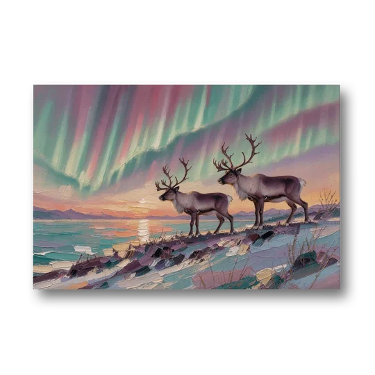 Northern Lights Reindeer on the Ridge for the Living Room - Canvas Wall Art - Front