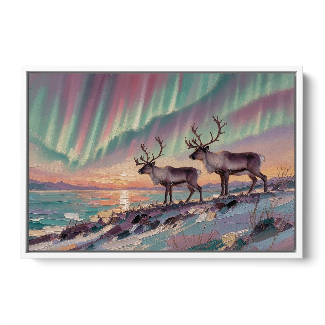Northern Lights Reindeer on the Ridge for the Living Room - White Framed Canvas Wall Art - Front