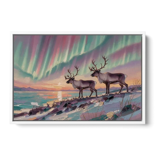 Northern Lights Reindeer on the Ridge for the Living Room - White Framed Canvas Wall Art - Front