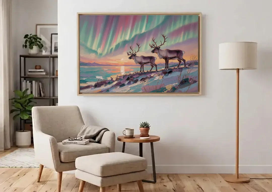 Northern Lights Reindeer on the Ridge for the Living Room canvas wall art above an armchair in a bright living room