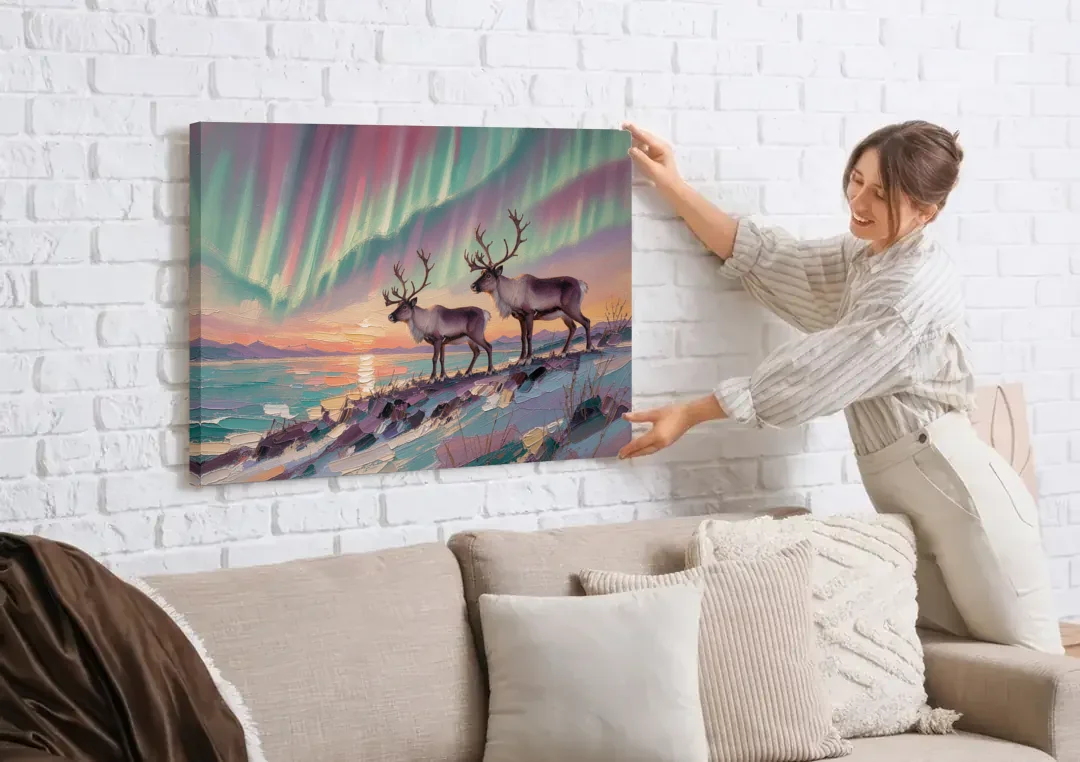 Northern Lights Reindeer on the Ridge for the Living Room canvas wall art being hung on a white brick wall above a sofa