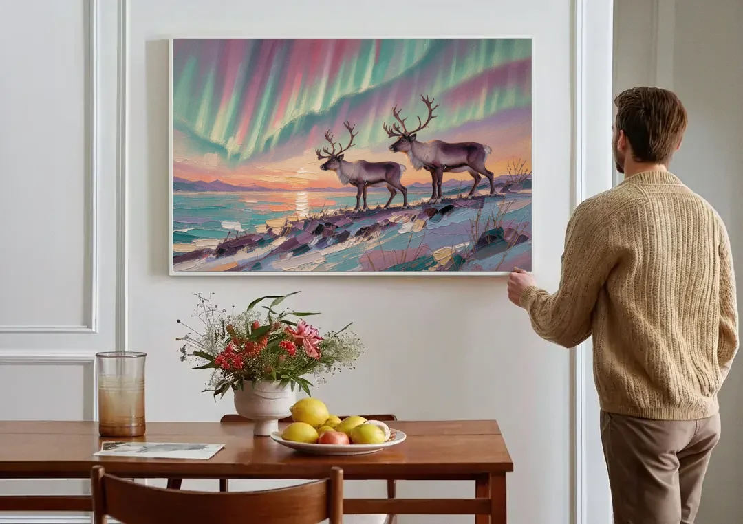Northern Lights Reindeer on the Ridge for the Living Room canvas wall art above a dining table