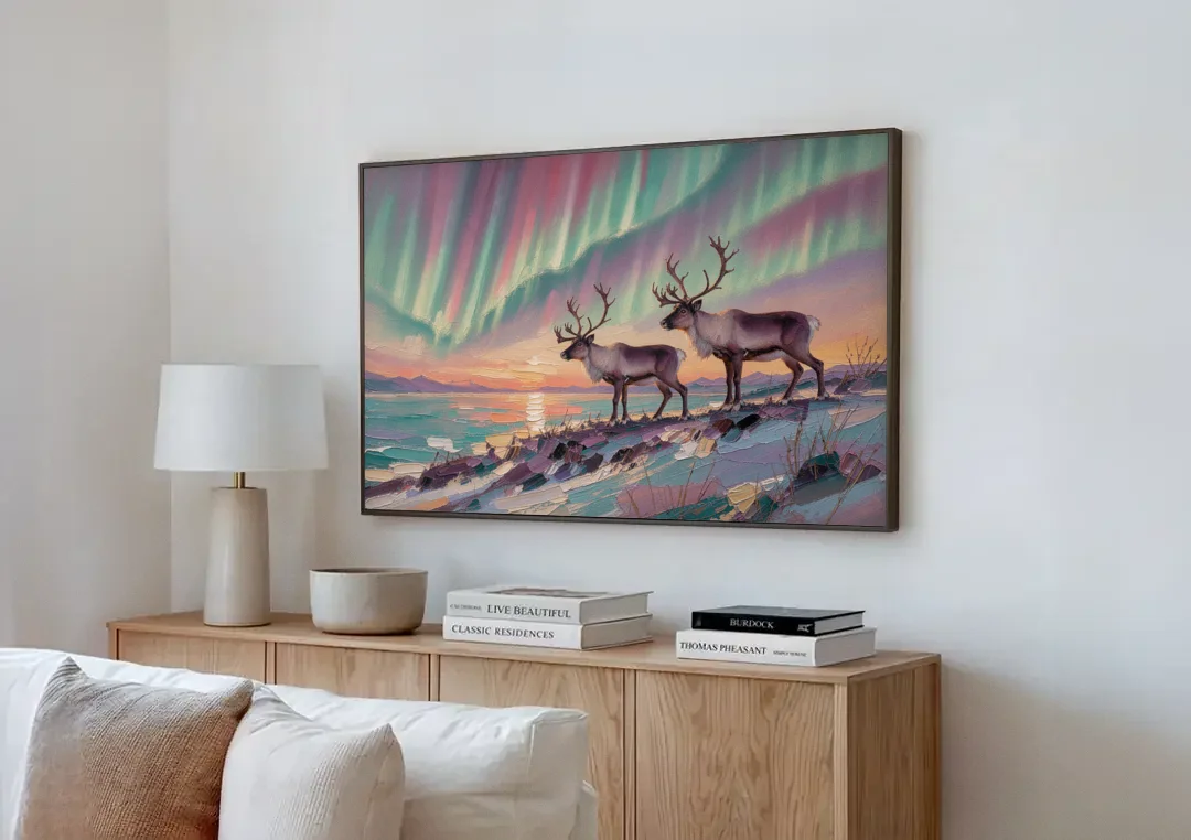 Northern Lights Reindeer on the Ridge for the Living Room canvas wall art above a wooden sideboard next to a sofa