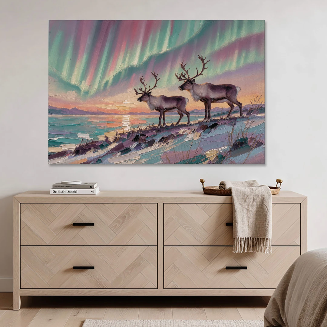 Northern Lights Reindeer on the Ridge for the Living Room - Canvas Wall Art - Coffee Table - 60x40