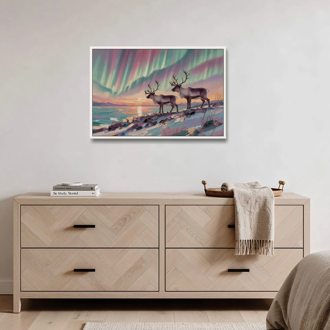 Northern Lights Reindeer on the Ridge for the Living Room - White Framed Canvas Wall Art - Coffee Table - 36x24