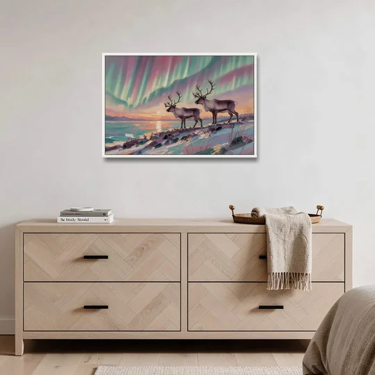 Northern Lights Reindeer on the Ridge for the Living Room - White Framed Canvas Wall Art - Coffee Table - 36x24