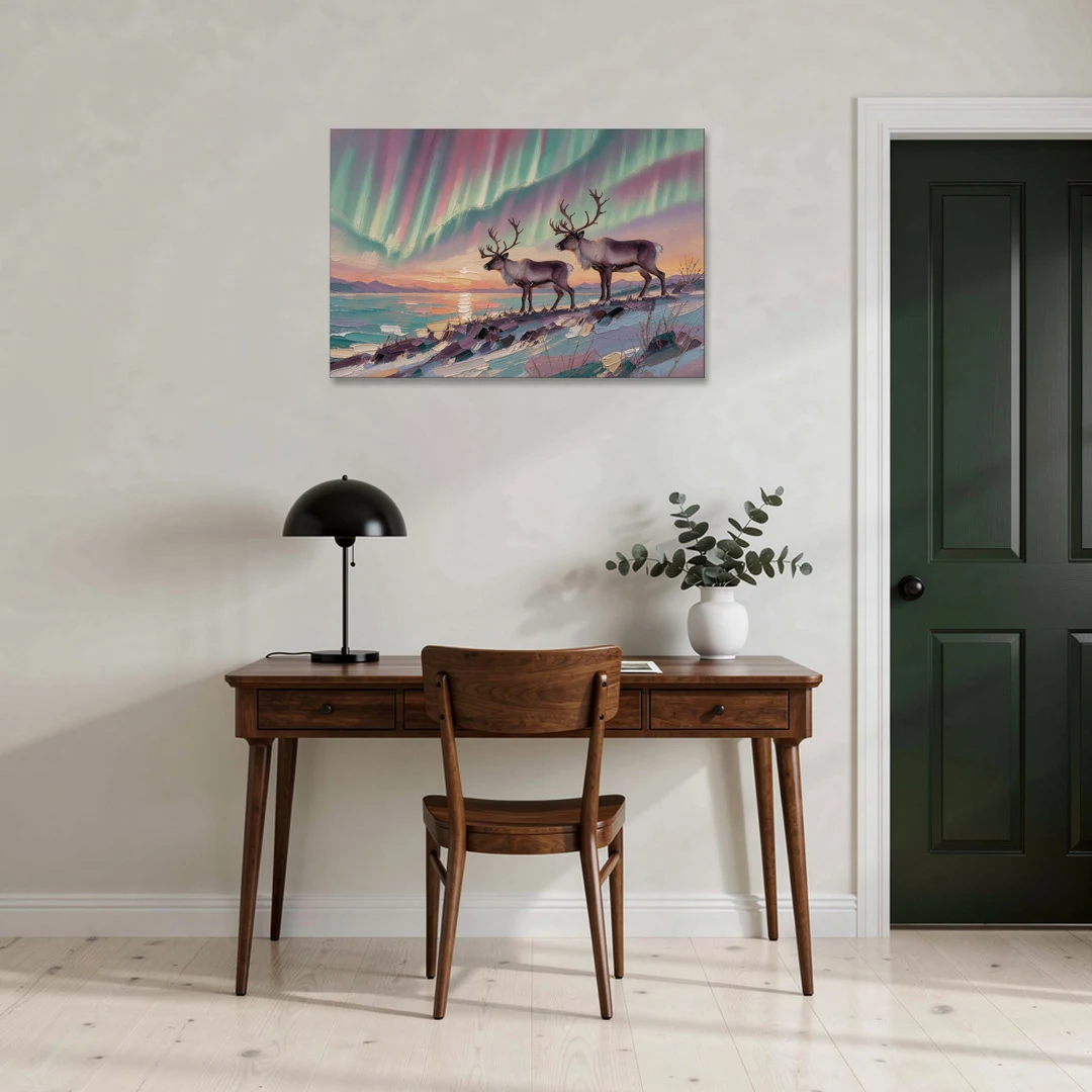 Northern Lights Reindeer on the Ridge for the Living Room - Canvas Wall Art - Office - 36x24