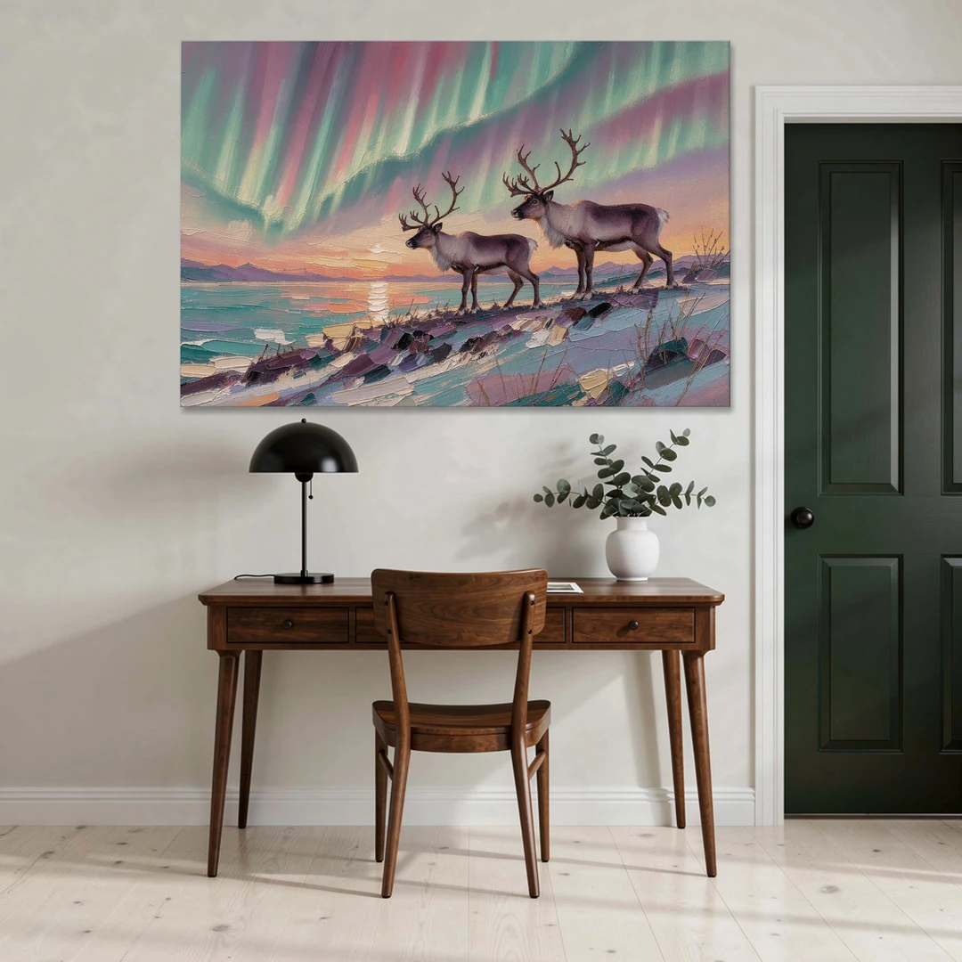 Northern Lights Reindeer on the Ridge for the Living Room - Canvas Wall Art - Office - 60x40