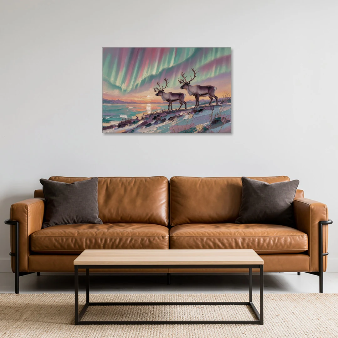 Northern Lights Reindeer on the Ridge for the Living Room - Canvas Wall Art - Sofa - 36x24
