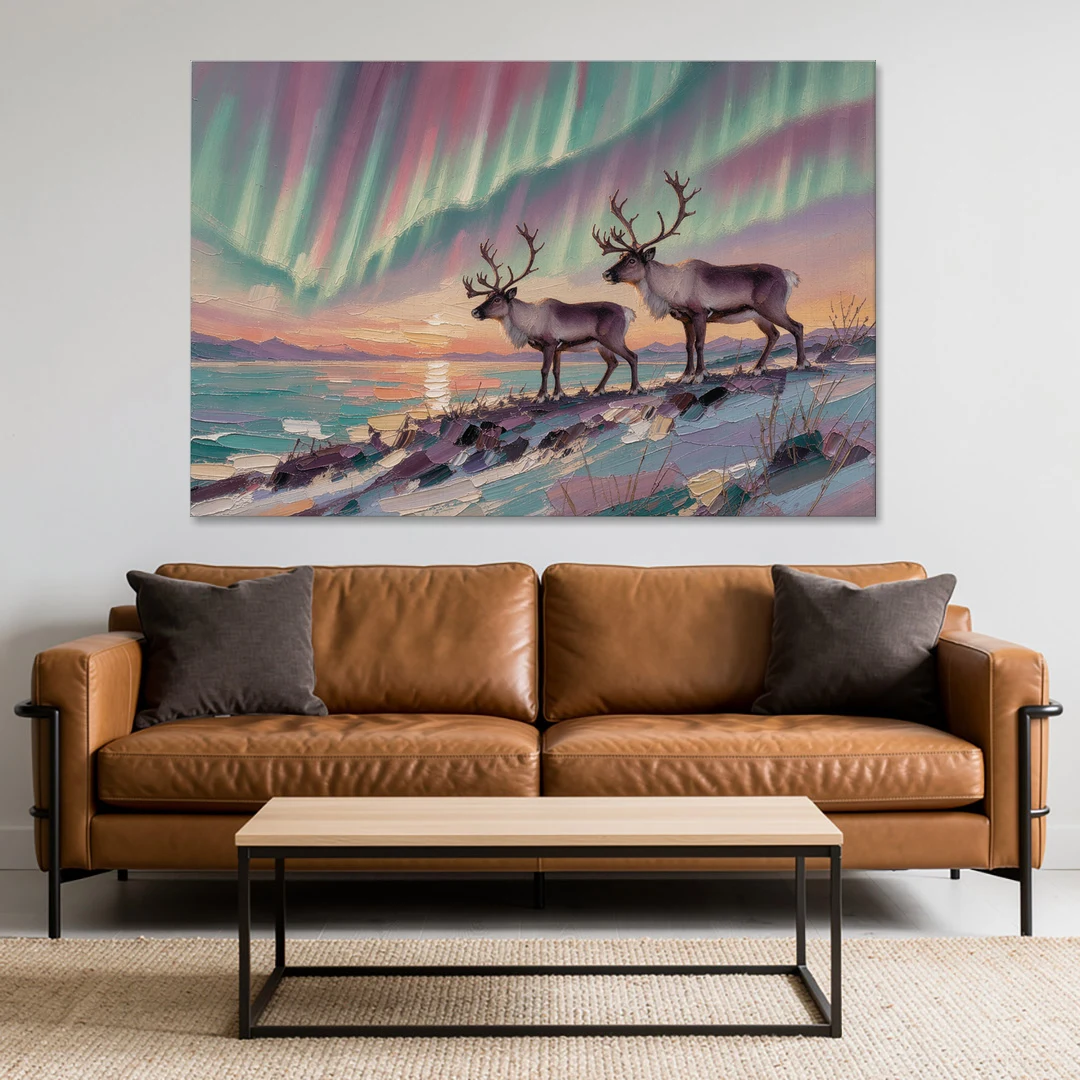 Northern Lights Reindeer on the Ridge for the Living Room - Canvas Wall Art - Sofa - 60x40