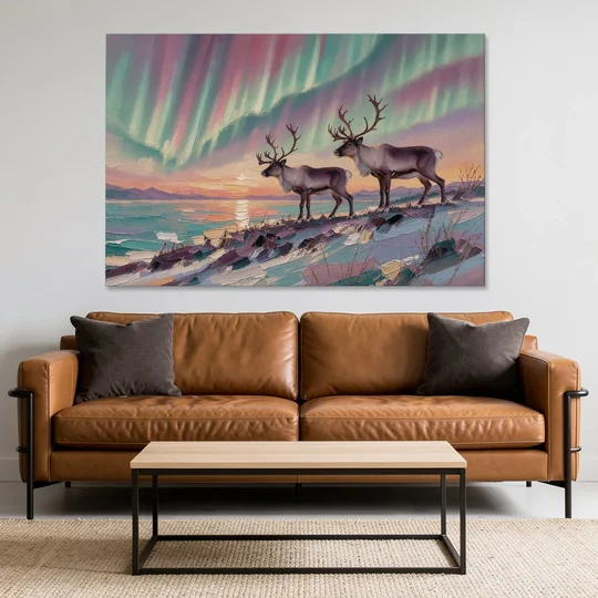 Northern Lights Reindeer on the Ridge for the Living Room - Canvas Wall Art - Sofa - 60x40