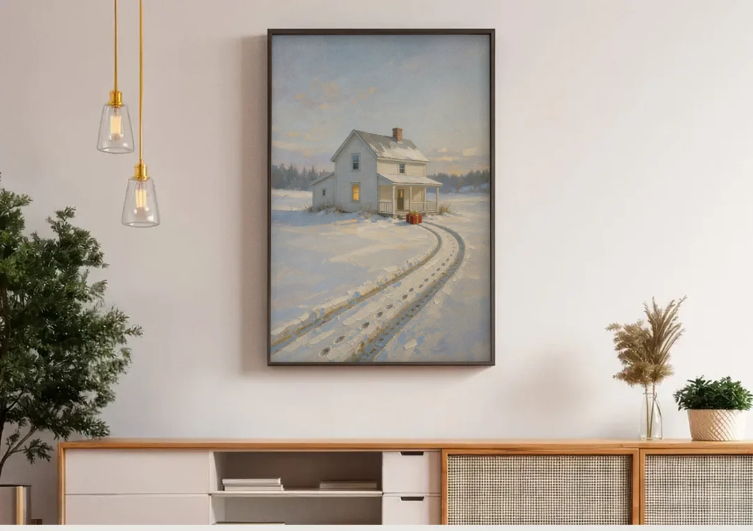 Nostalgic Christmas Painting with a Porch Gift canvas wall art above a wooden sideboard under pendant lights