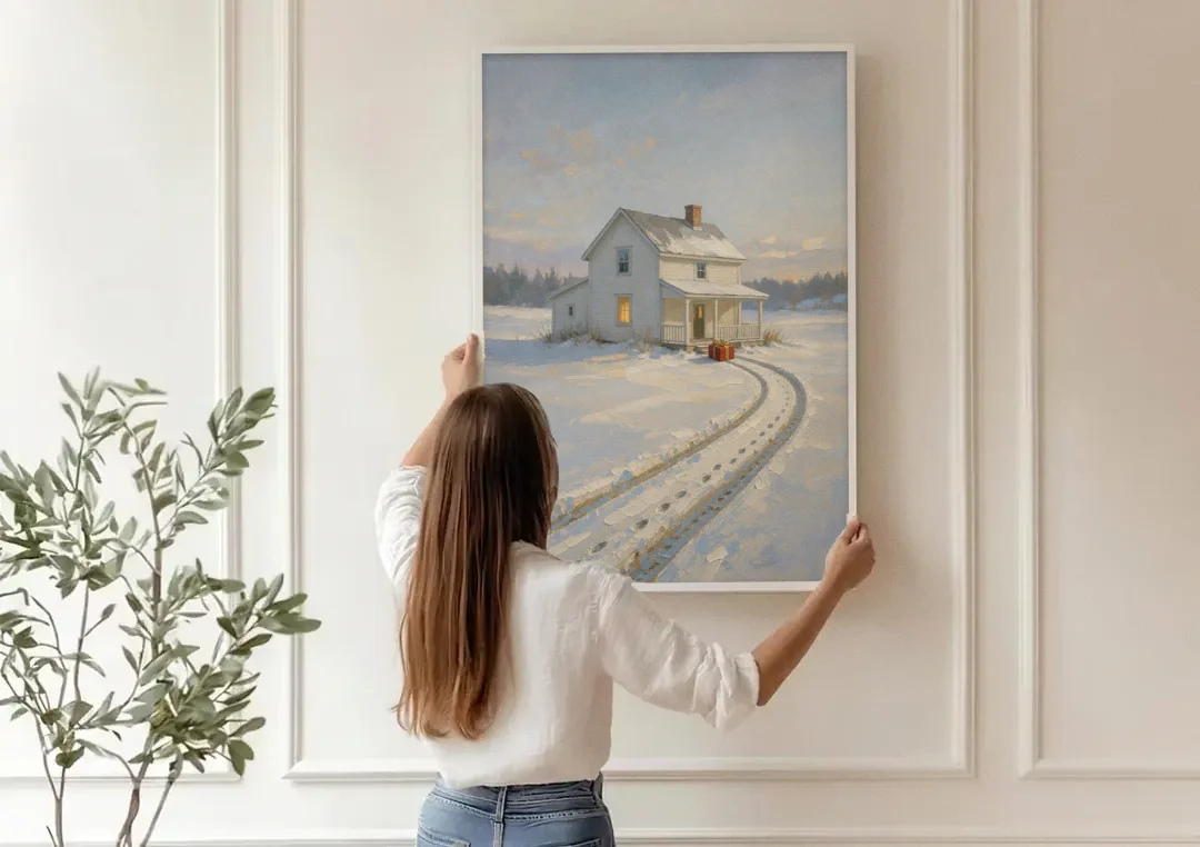 Nostalgic Christmas Painting with a Porch Gift canvas wall art being hung on a paneled wall