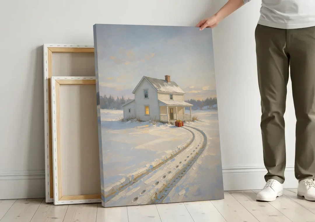 Nostalgic Christmas Painting with a Porch Gift canvas wall art leaning against a wall next to blank canvases