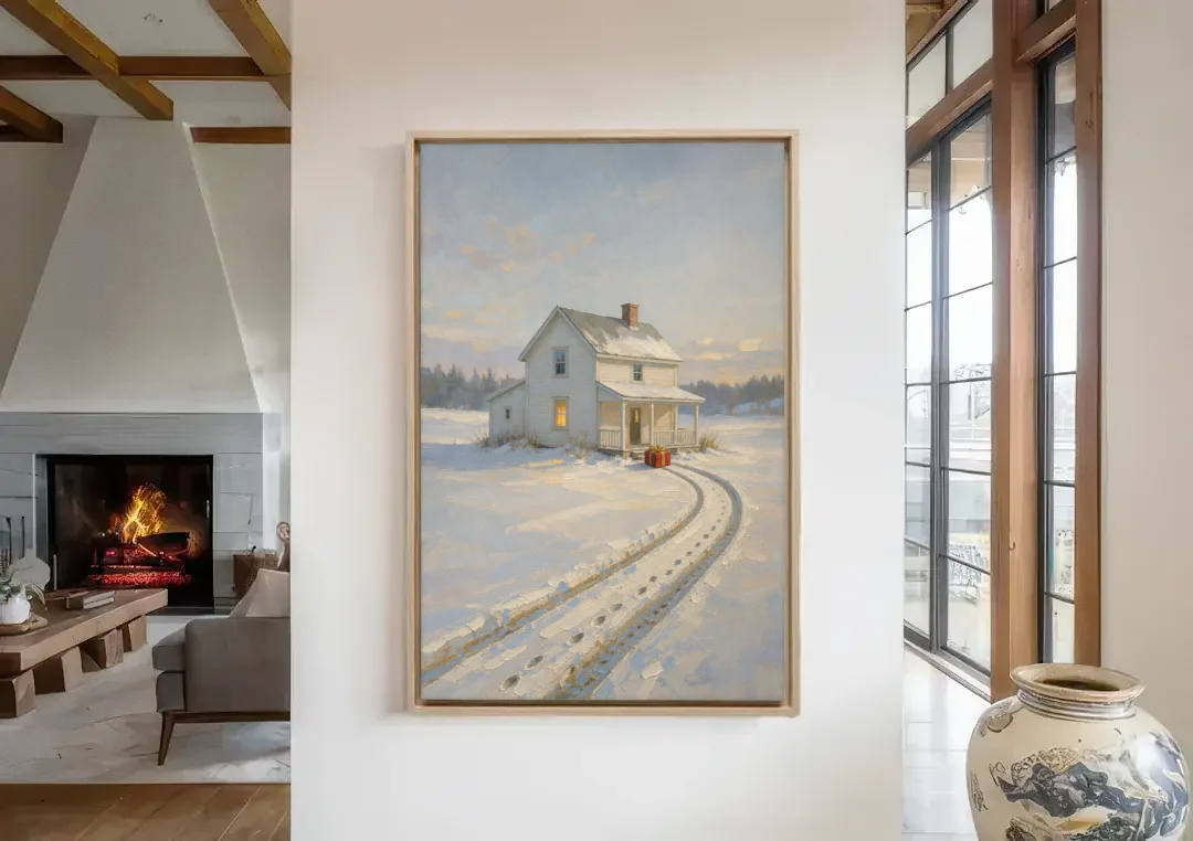 Nostalgic Christmas Painting with a Porch Gift canvas wall art in a living room with a fireplace