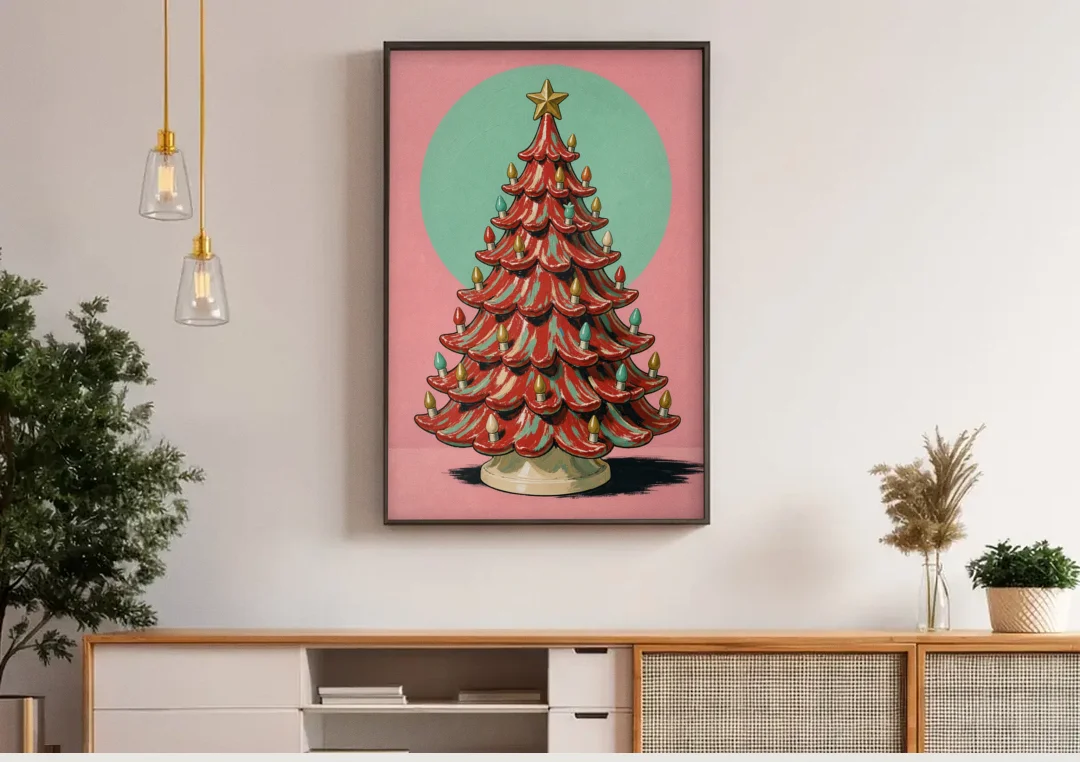 Nostalgic Christmas Wall Art with a Ceramic Tree canvas wall art above a wooden sideboard under pendant lights