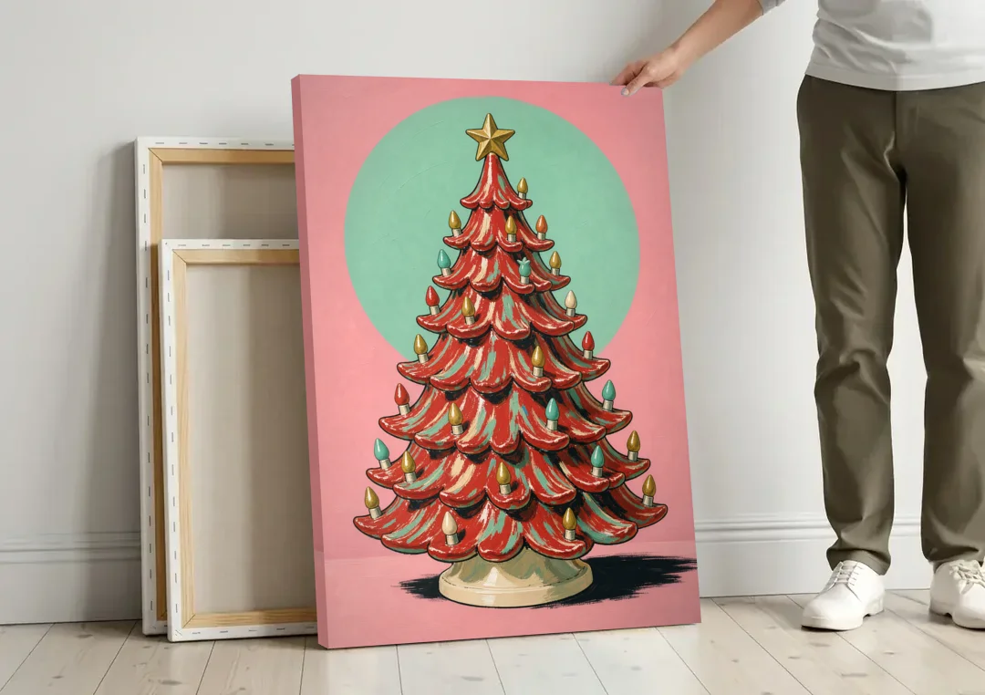 Nostalgic Christmas Wall Art with a Ceramic Tree canvas wall art leaning against a wall next to blank canvases