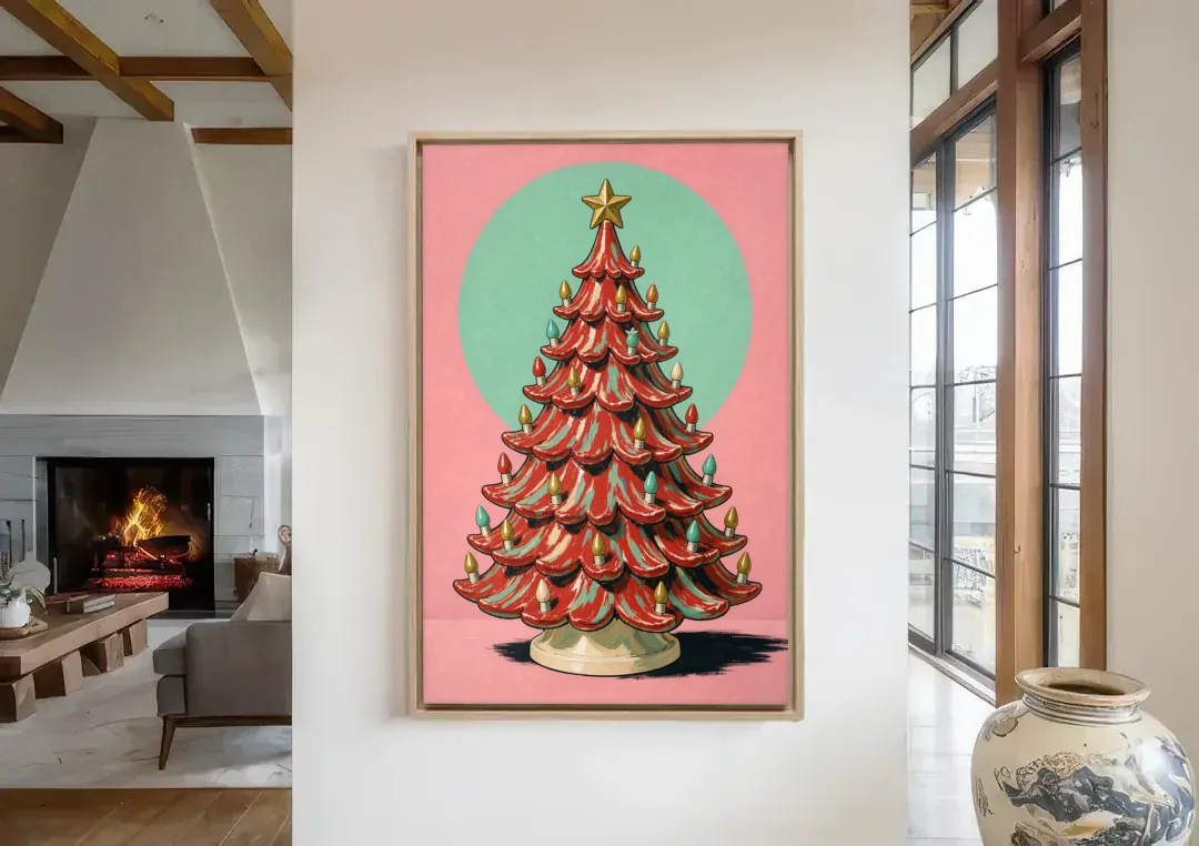 Nostalgic Christmas Wall Art with a Ceramic Tree canvas wall art in a living room with a fireplace