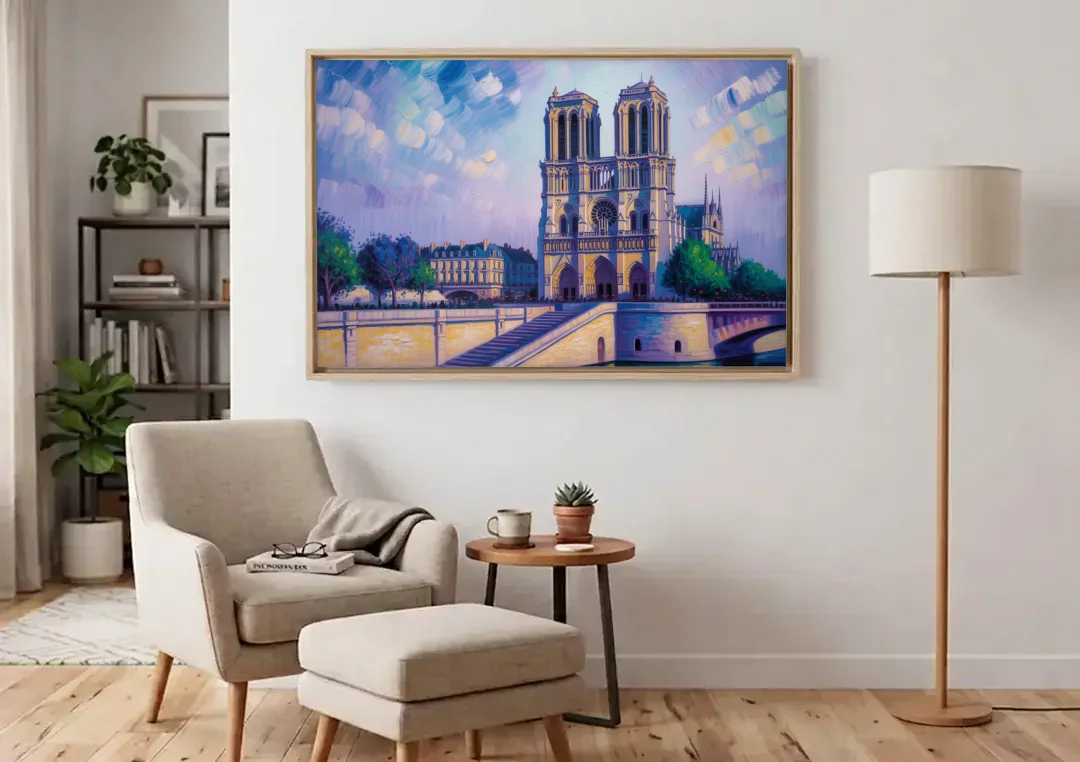 Notre Dame Silhouette canvas wall art above an armchair in a bright living room