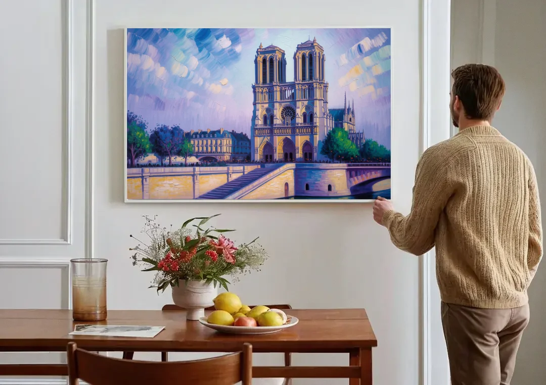 Notre Dame Silhouette canvas wall art above a dining table