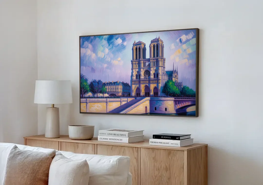 Notre Dame Silhouette canvas wall art above a wooden sideboard next to a sofa