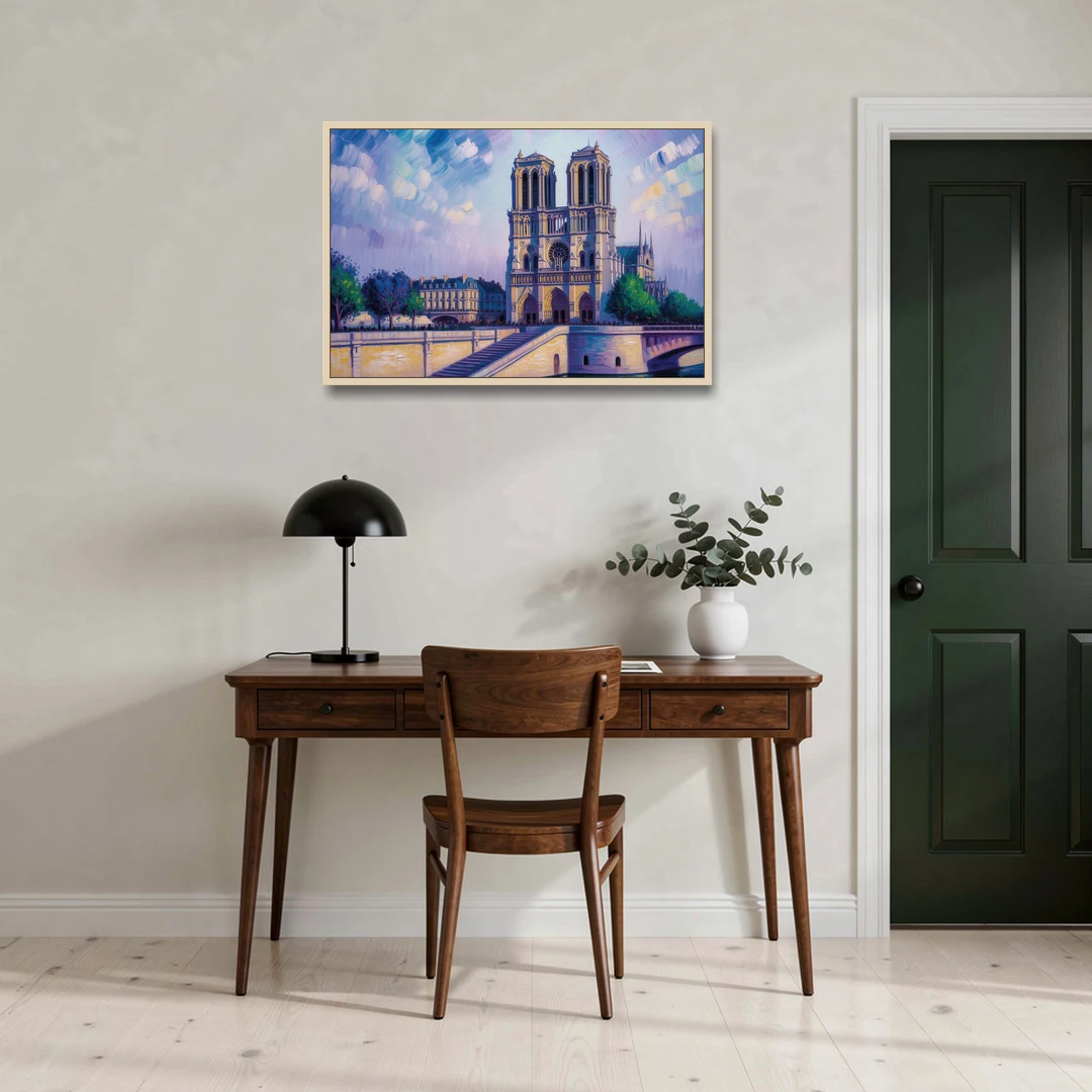 Notre Dame Silhouette - Oak Framed Canvas Wall Art - Office - 36x24
