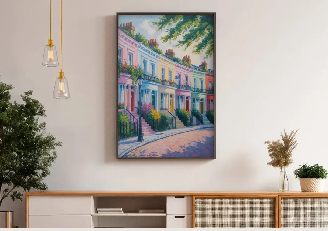 Notting Hill Colors canvas wall art above a wooden sideboard under pendant lights