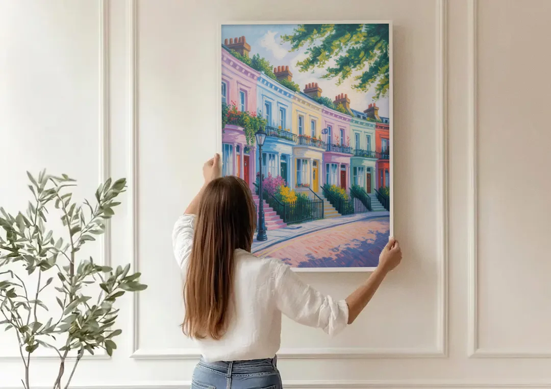 Notting Hill Colors canvas wall art being hung on a paneled wall